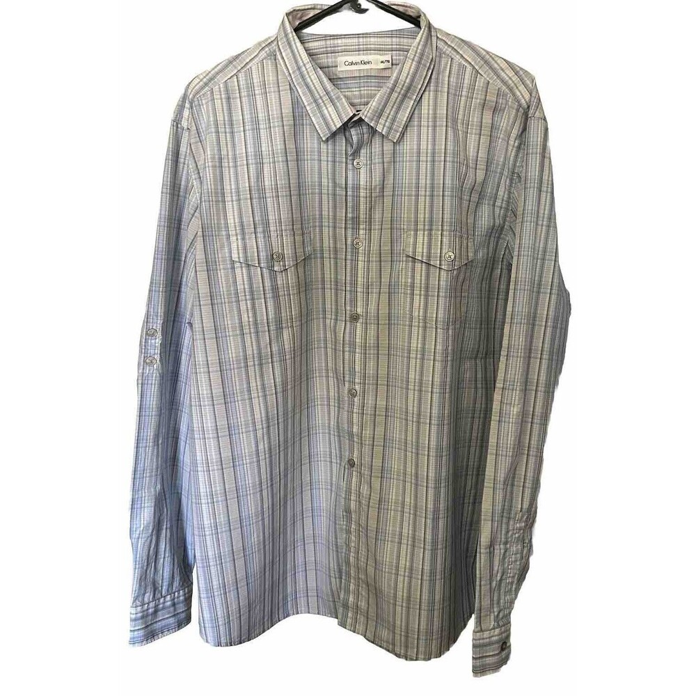 Calvin Klein XXL Double Pocket Men's Long Sleeve Button Down Blue Shirt Cotton